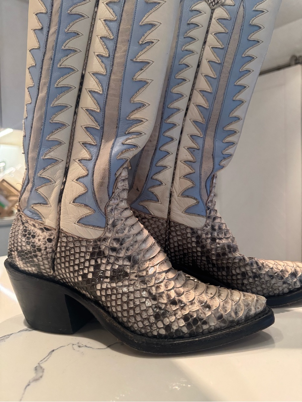 Women’s Snake-Embossed Western Heeled Boots in Light Blue & Cream